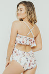 ABSTRACT FLORAL RUFFLE ONE PIECE SWIMSUIT
