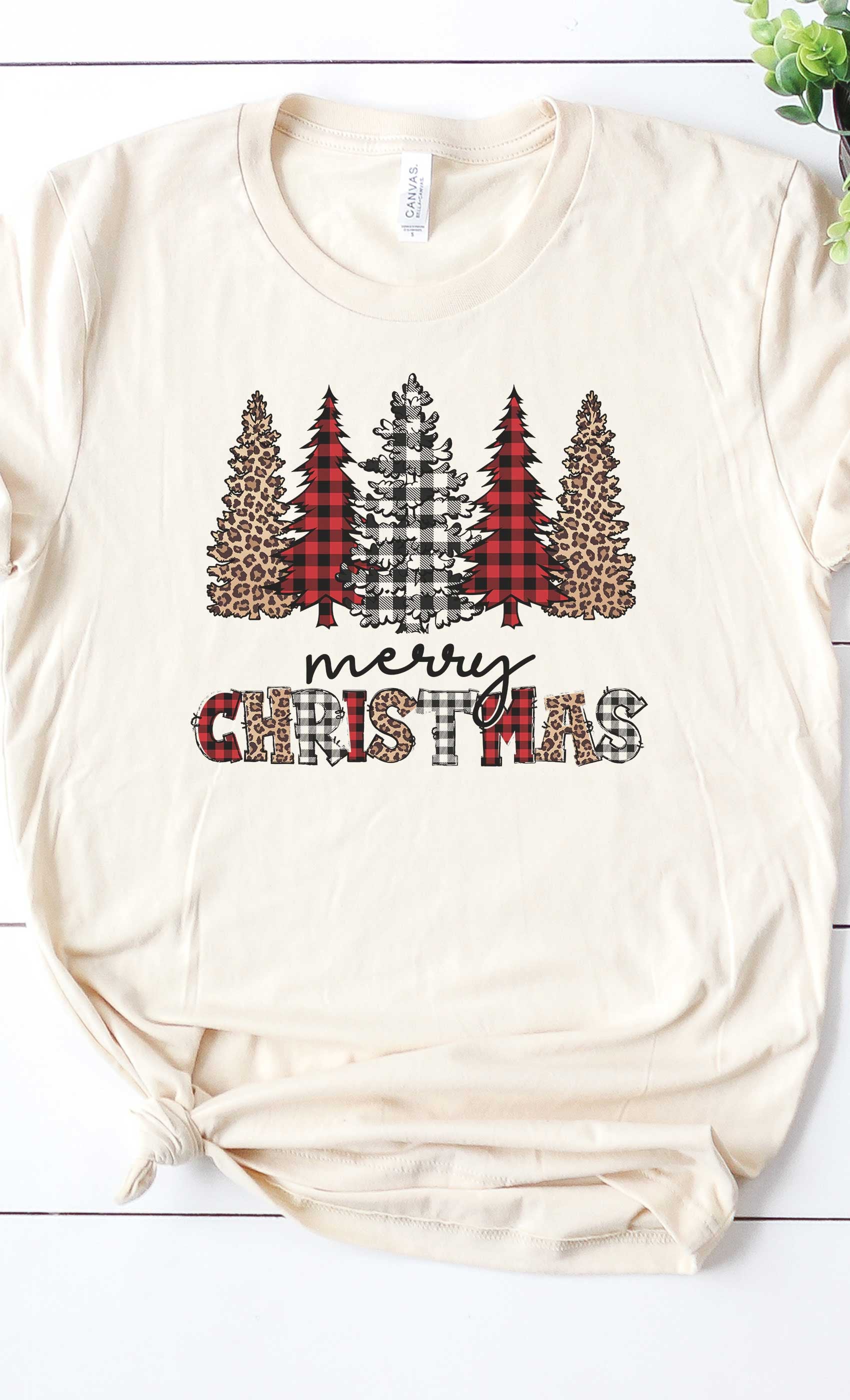 Red Plaid and Leopard Merry Christmas with trees tee