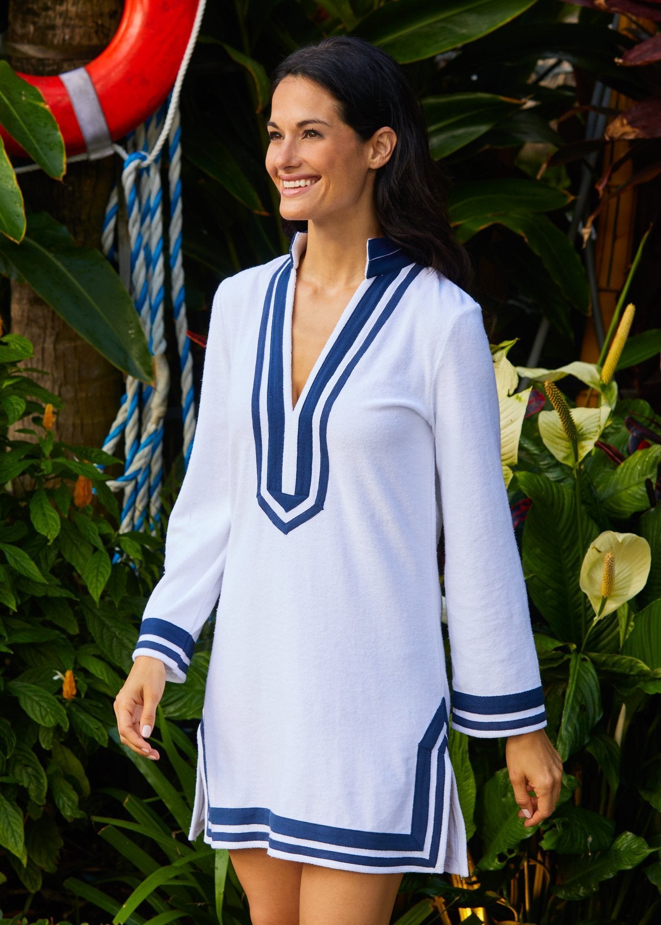 WHITE/NAVY TRIM TERRY TUNIC