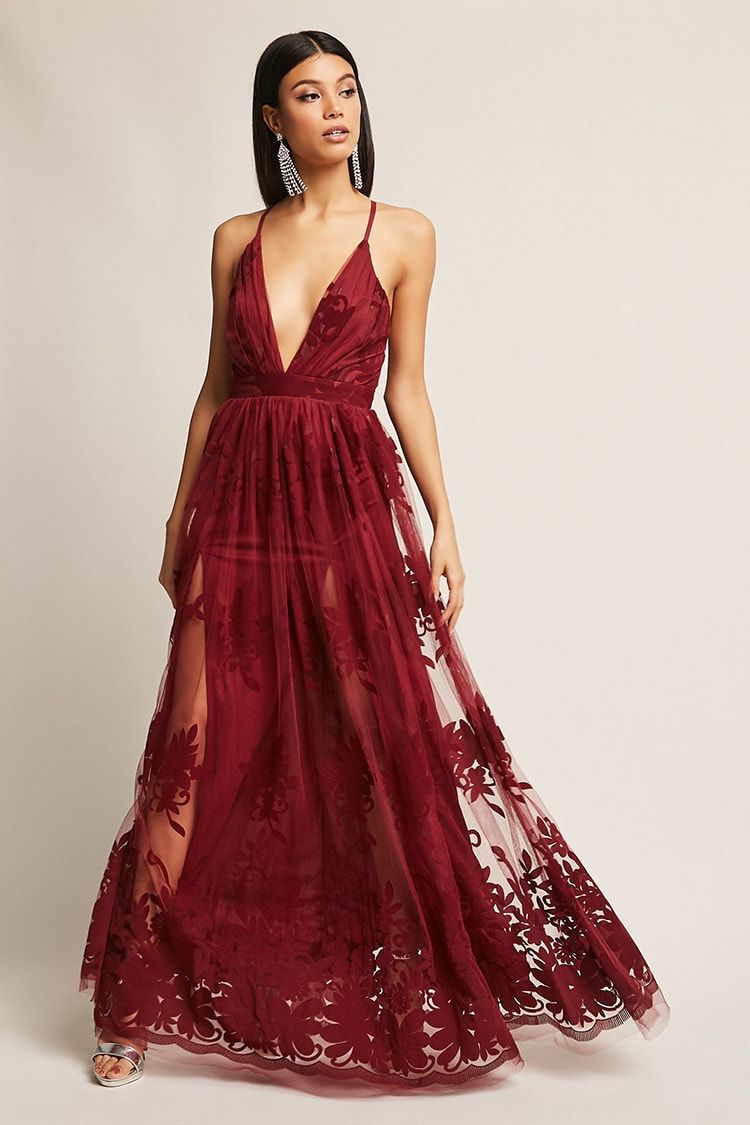 burgundy floral flocked glitter sheer knot detail maxi dress Burgundy Floral Flocked Glitter Sheer Knot Detail Maxi Dress
