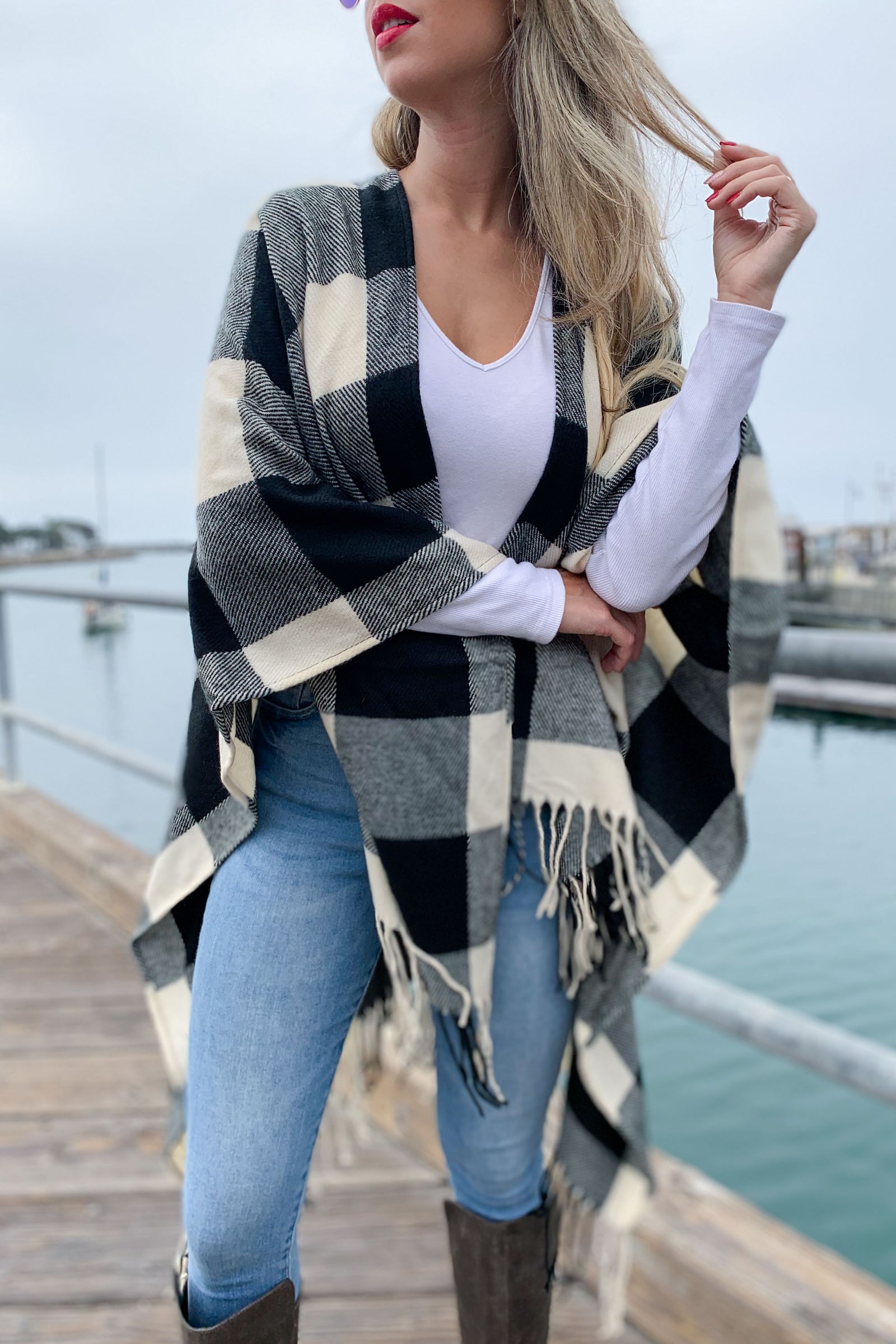 Buffalo Plaid Kimono Ruana Cardigan With Tassel