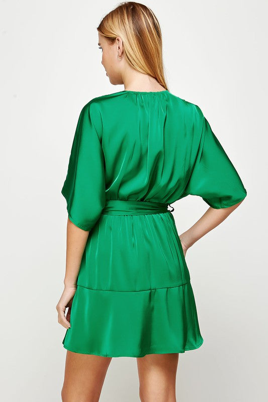 Satin Faux Wrap Mini Dress with Flare Sleeves - WalterGreenBoutique Satin Faux Wrap Mini Dress with Flare Sleeves - WalterGreenBoutique
