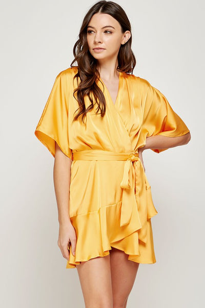 Satin Faux Wrap Mini Dress with Flare Sleeves