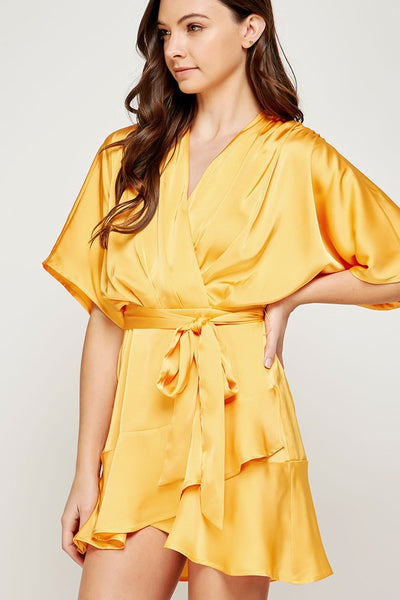 Satin Faux Wrap Mini Dress with Flare Sleeves