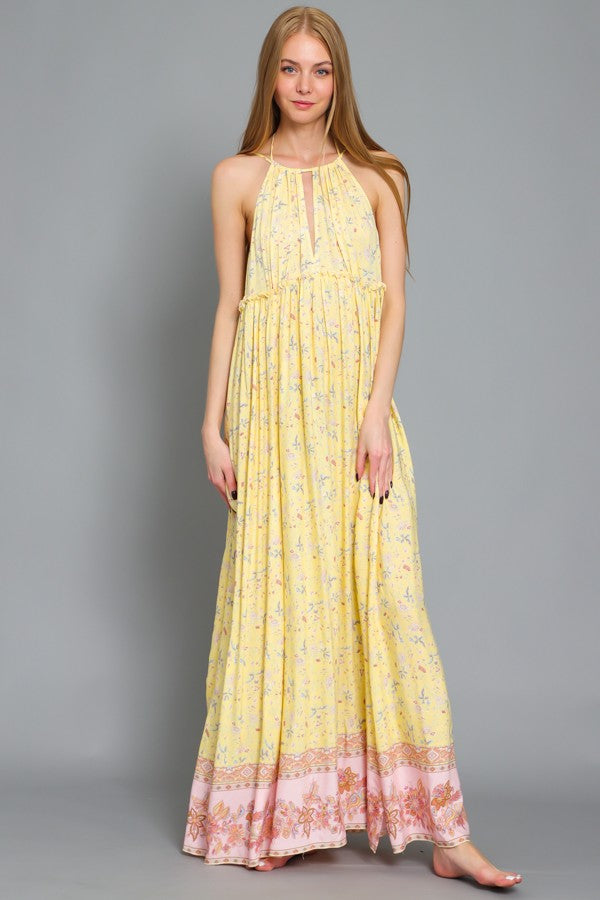 SLEEVELESS HALTER EMPIRE WAIST MAXI DRESS