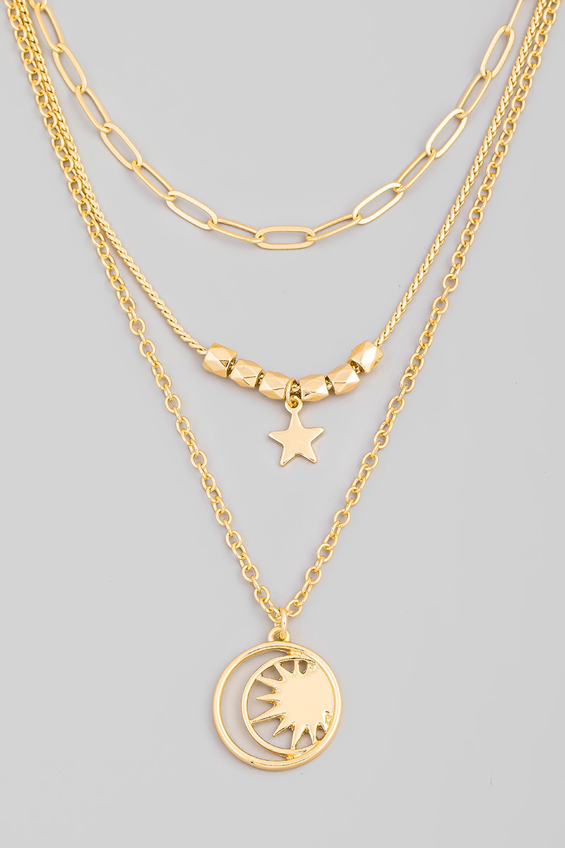 Circle Moon Sun Pendant Layered Necklace