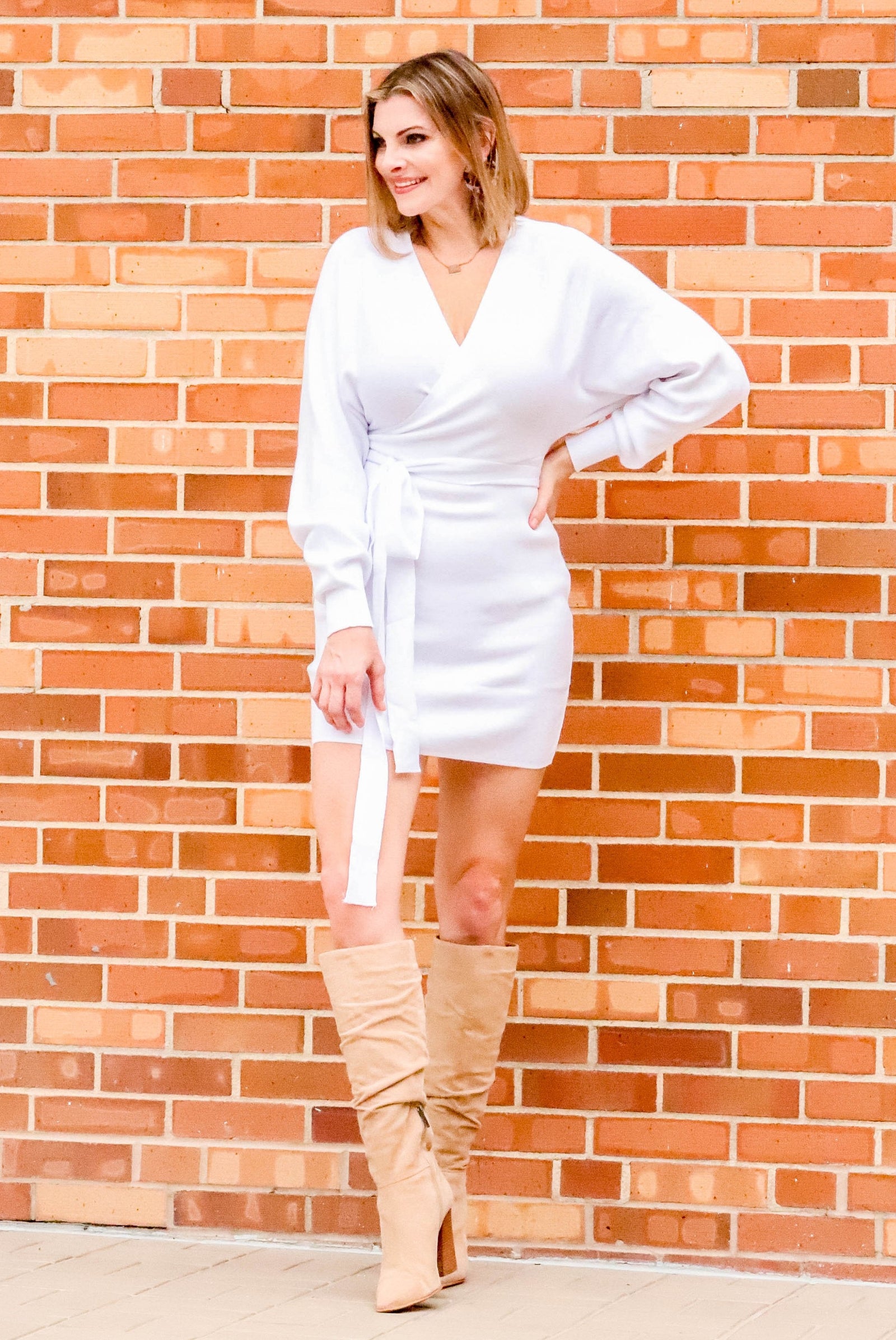 Faux Wrap Sweater Dress w/Belt