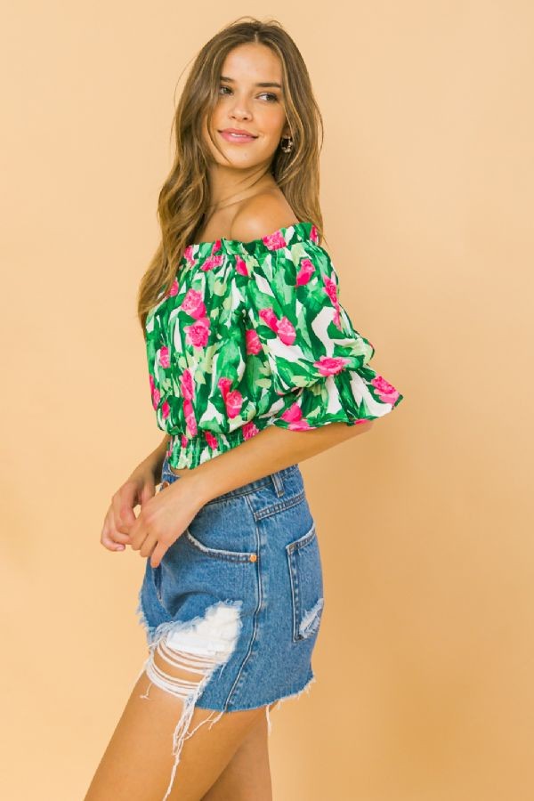 Flying Tomato Off Shoulder Printed Woven Top