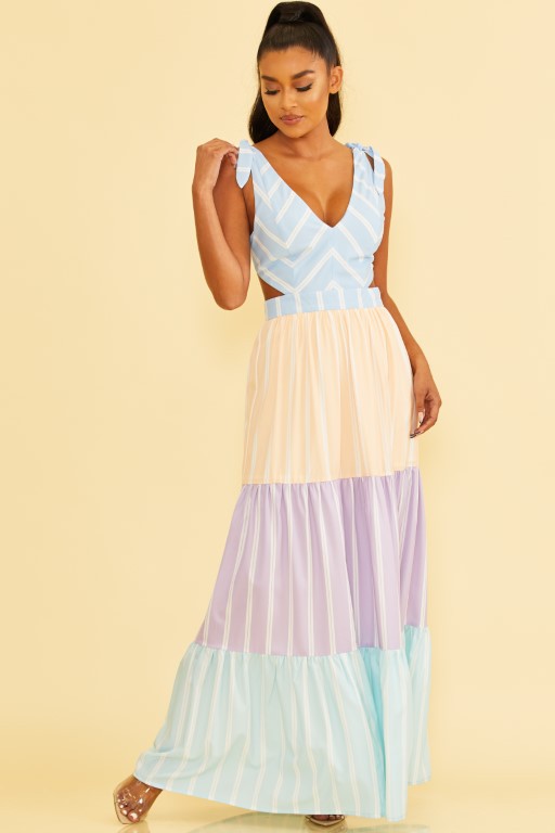 MULTICOLOR STRIPE TIE MAXI DRESS