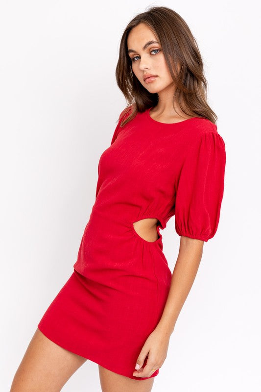 BALLOON SLEEVE WAIST CUTOUT MINI DRESS