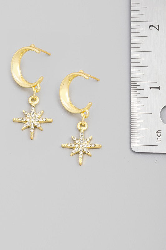 Pave North Star Moon Drop Earrings