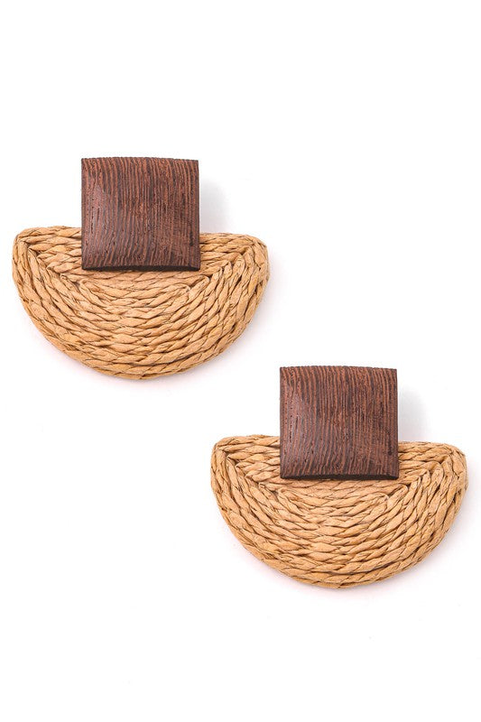 Straw Braided Wood Post Earrings