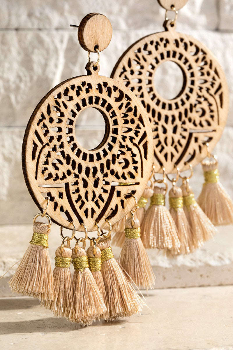 Fine Thread Tassel With Wood Earrings