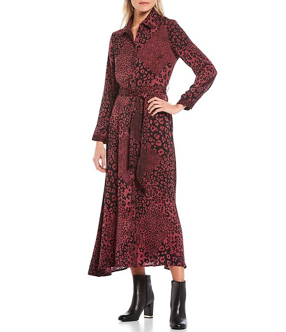 Leopard Print Long Sleeve Maxi Shirt Dress