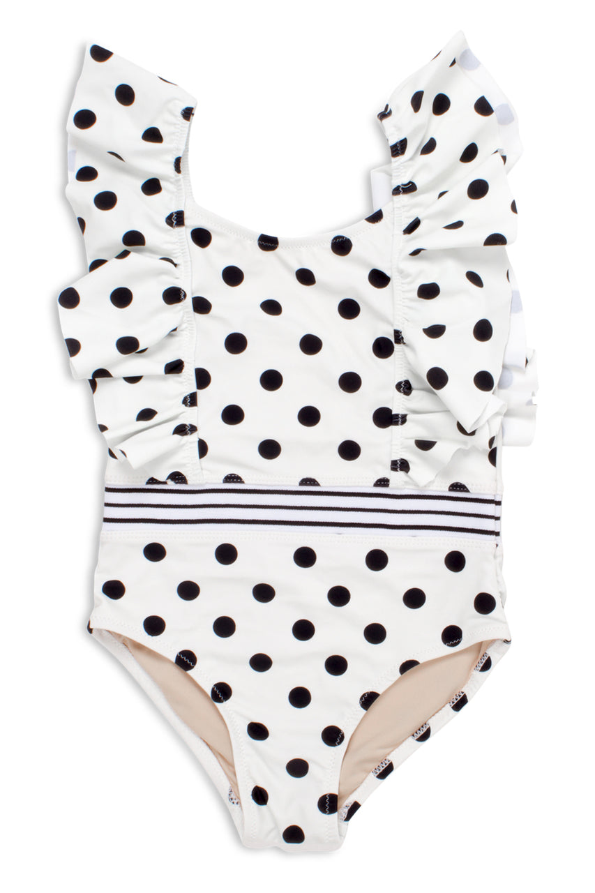 POLKA DOT RUFFLE SHOULDER ONE PIECE SWIMSUIT