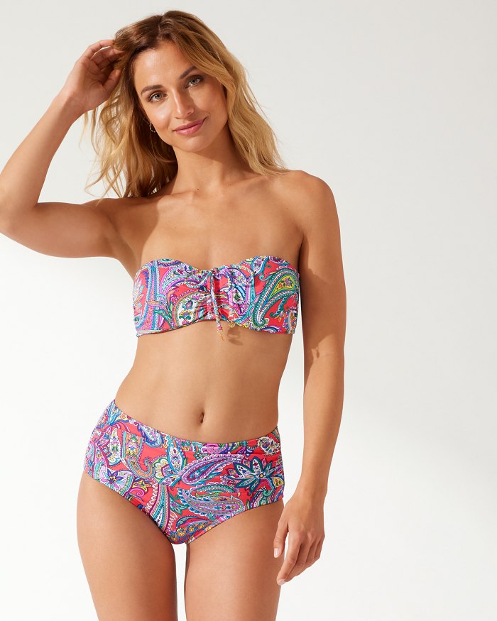 Paisley Keys Shirred High-Waist Bikini Bottoms