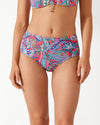 Paisley Keys Shirred High-Waist Bikini Bottoms