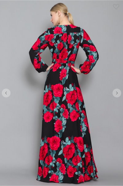 Split Long Sleeves Waist Tie Floral Maxi Wrap Dress