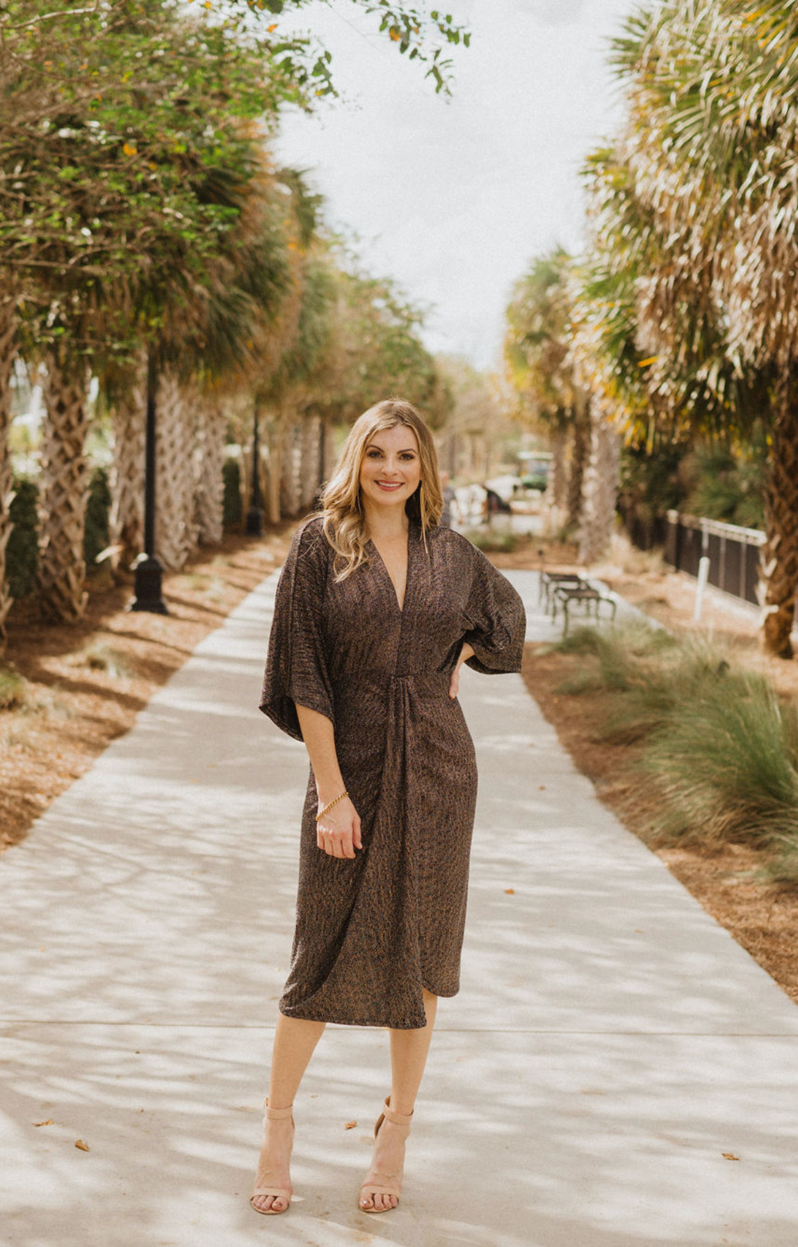 Metallic V-Neck Ruched Midi Dress