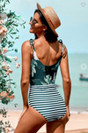 Green Floral and Striped Lace-up Swimwear