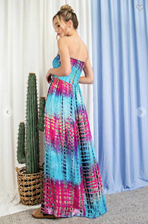 TIE DYE STRAPLESS SMOCKED MAXI DRESS - WalterGreenBoutique TIE DYE STRAPLESS SMOCKED MAXI DRESS - WalterGreenBoutique