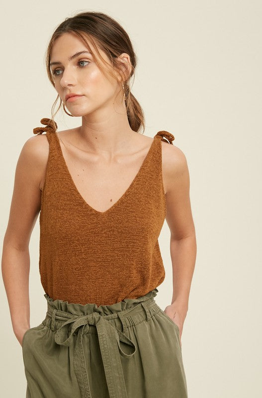 SHOULDER TIE SWEATER SLEEVELESS TOP