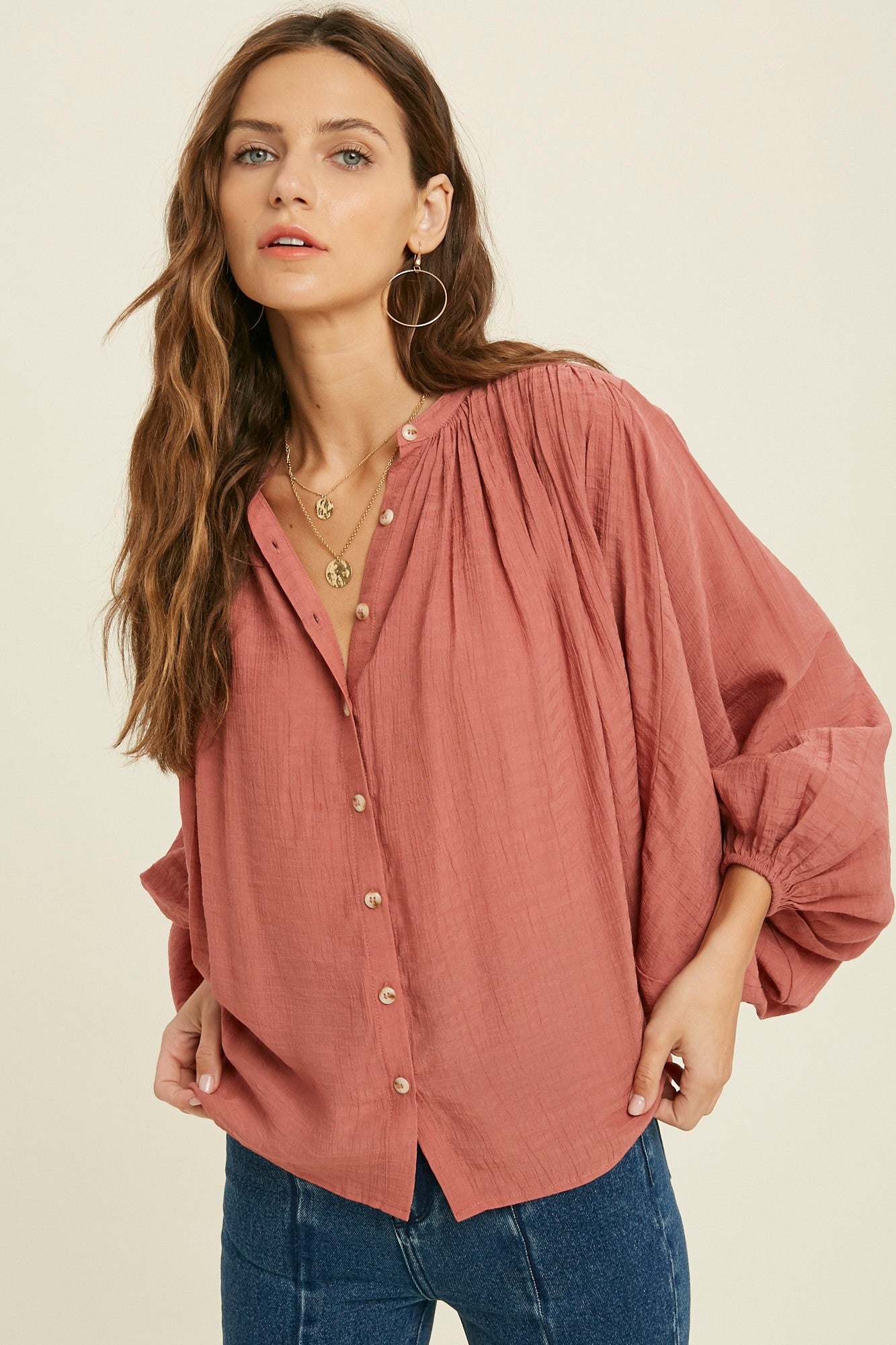 TEXTURED BUTTON DOWN BLOUSE
