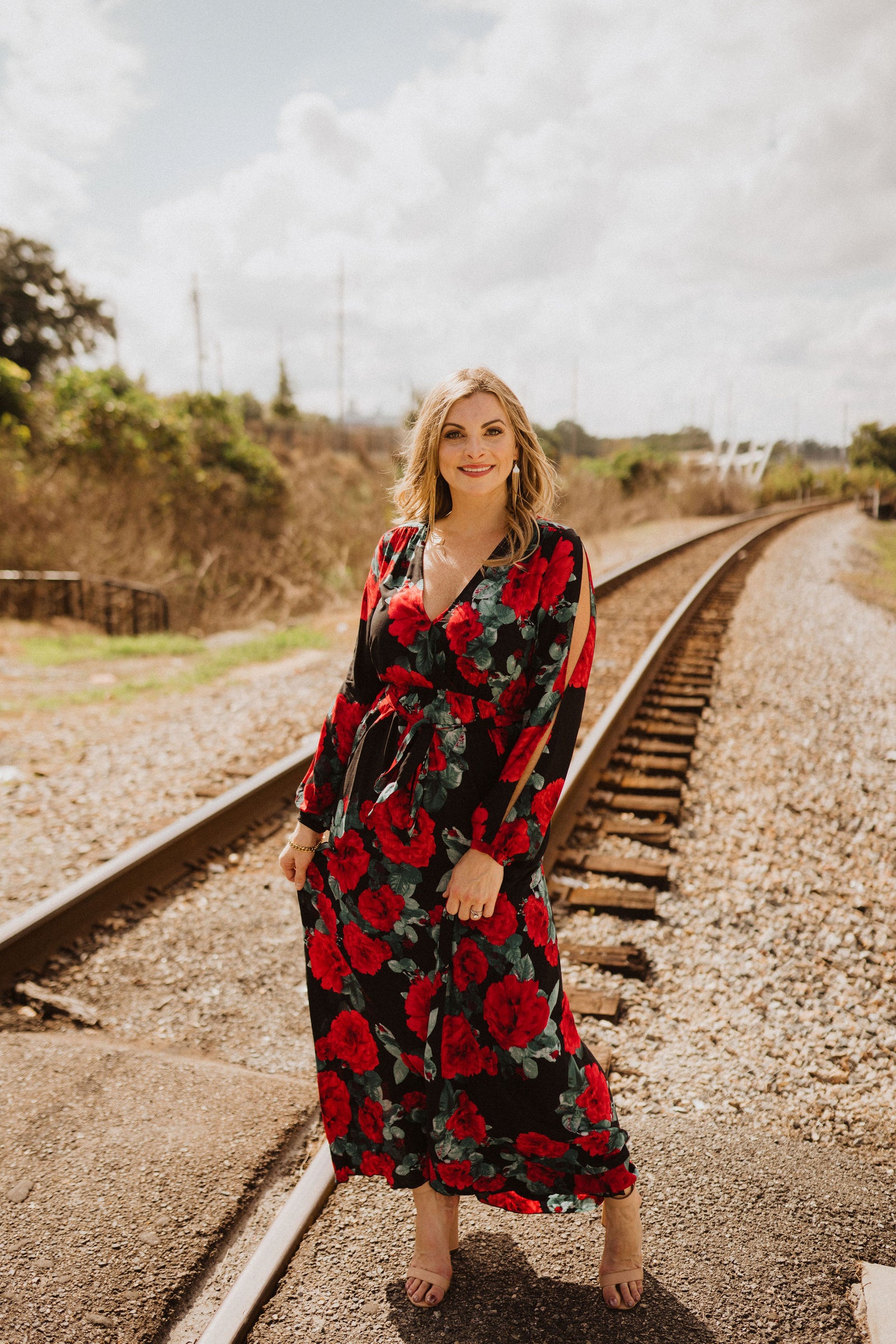 Split Long Sleeves Waist Tie Floral Maxi Wrap Dress