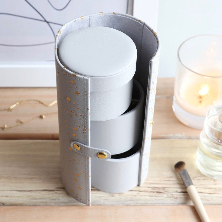 Grey Gold Stars Round Travel Jewelery Case