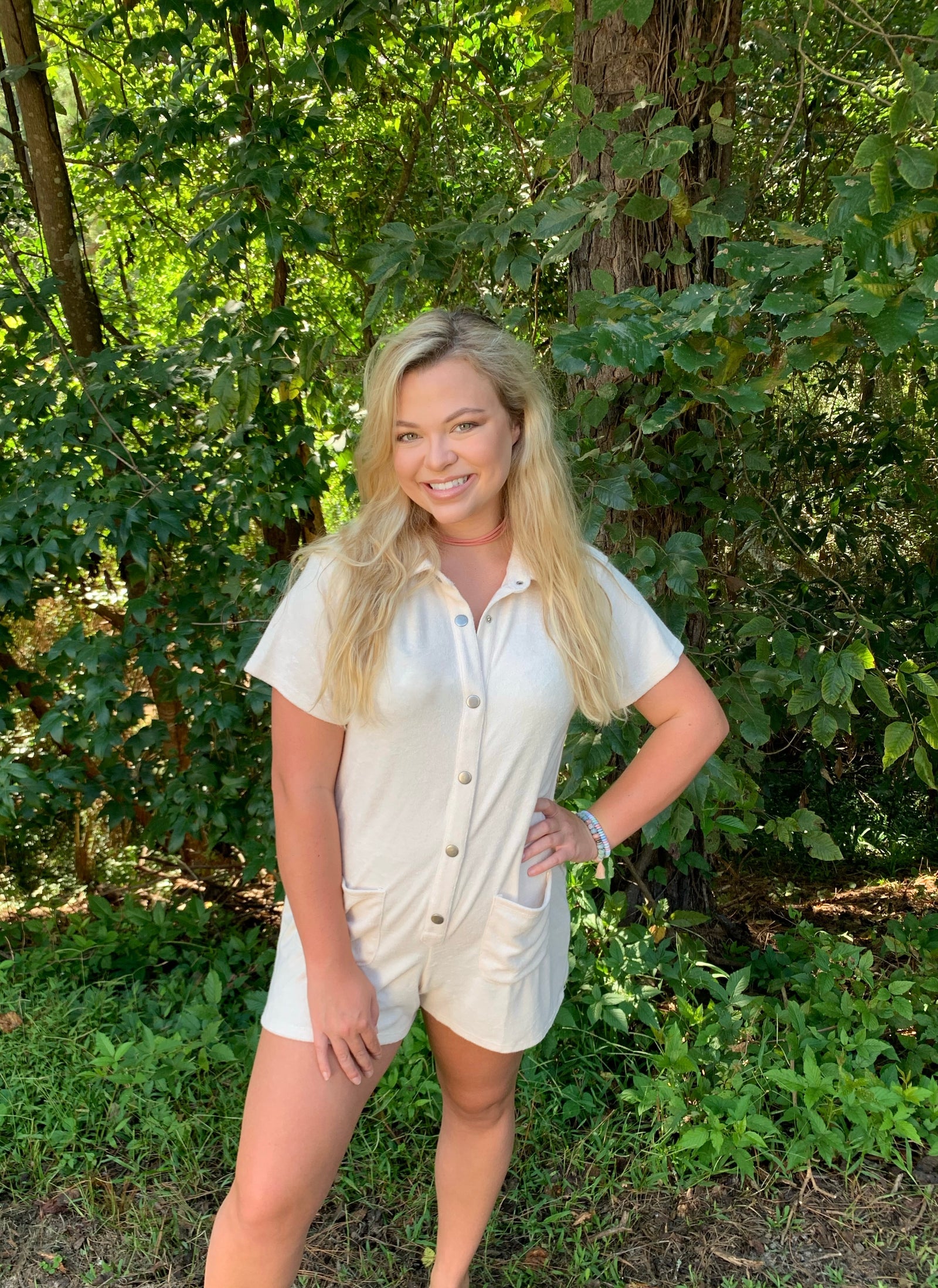 Terry short sleeve button up romper