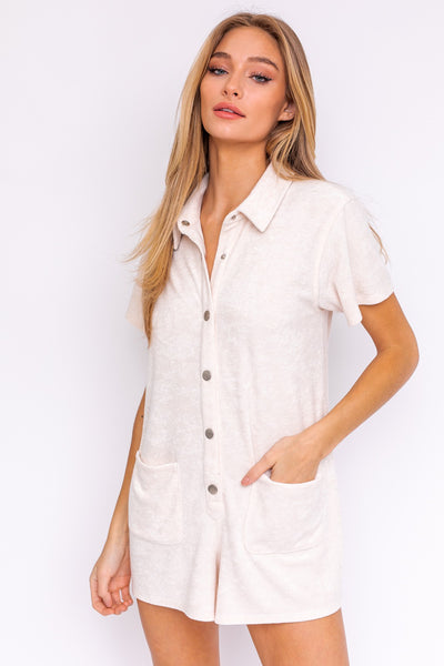 Terry short sleeve button up romper